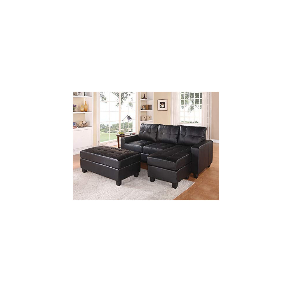 HomeRoots Sectional Sofa  Reversible Chaise  with Ottoman, Black Bonded Leather Match - Bonded Leather Match Black BLM