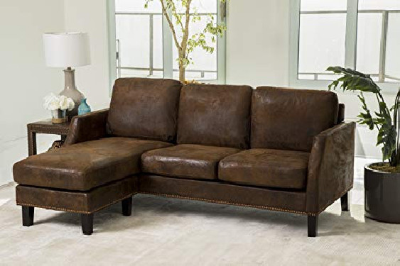 Abbyson Living Reversible Chaise Lounge Faux Leather Sectional Sofa, Dark Brown