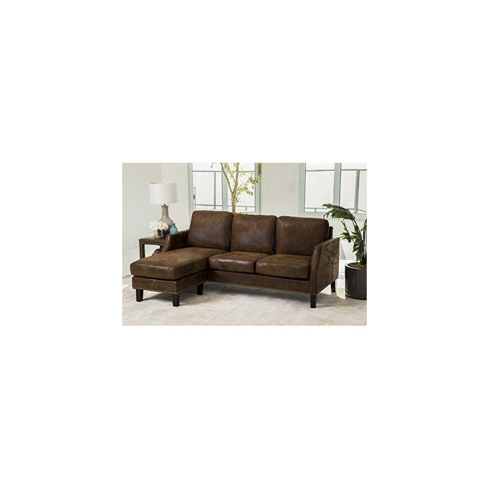 Abbyson Living Reversible Chaise Lounge Faux Leather Sectional Sofa, Dark Brown