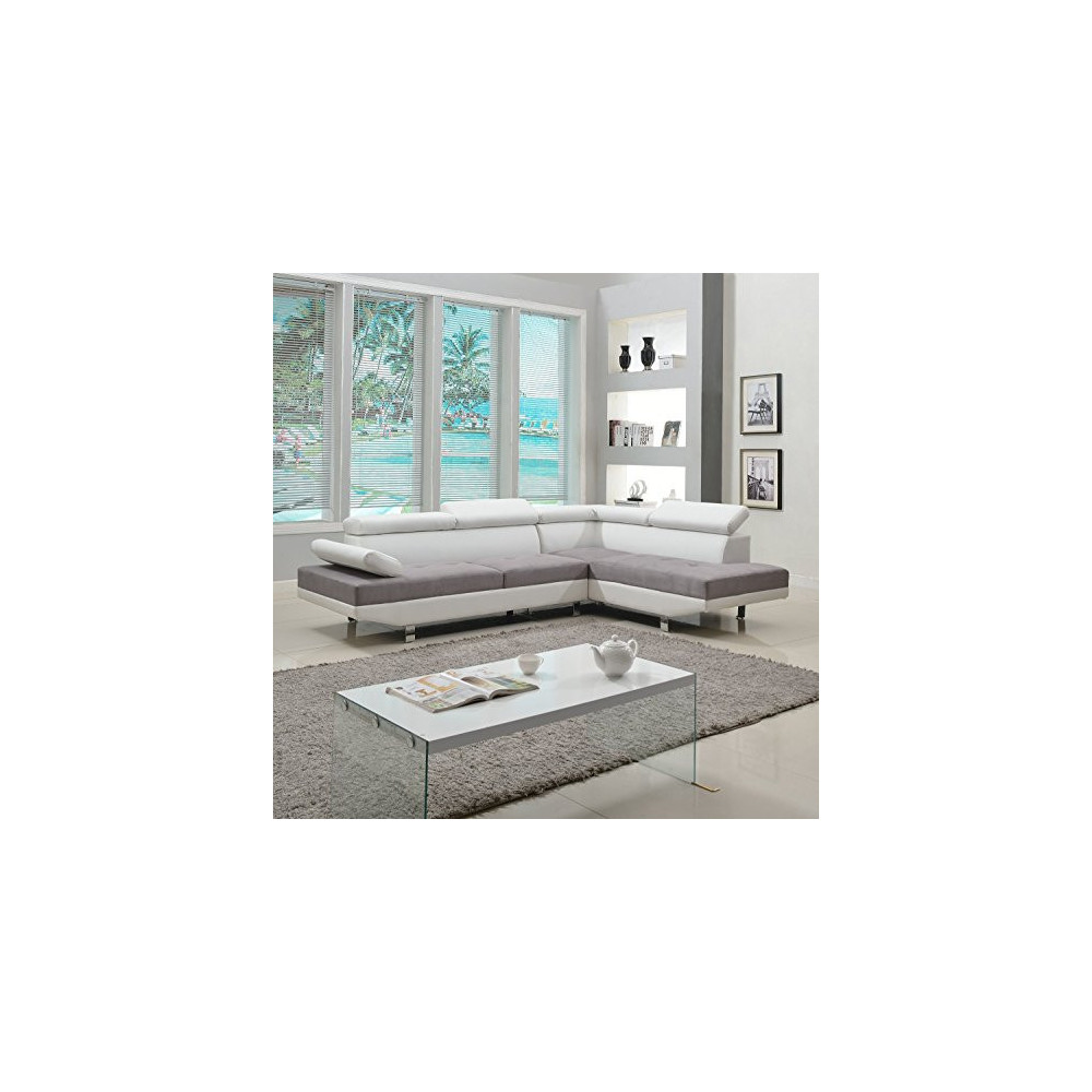 Divano Roma Furniture Modern Contemporary Designed Two Tone Microfiber and Bonded Leather Sectional Sofa, Large, White/Grey