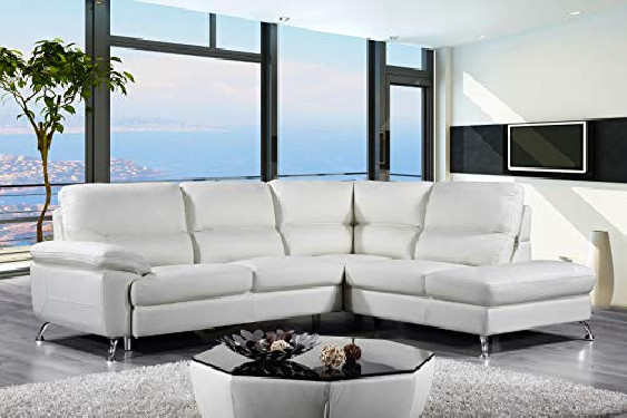 Cortesi Home Contemporary Miami Genuine Leather Sectional Sofa with Right Chaise Lounge, Cream