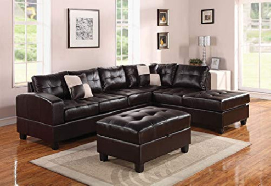 HomeRoots Sectional Sofa with 2 Pillows  Reversible , Espresso Bonded Leather Match - Bonded Leather + PU, Fram Espresso BLM