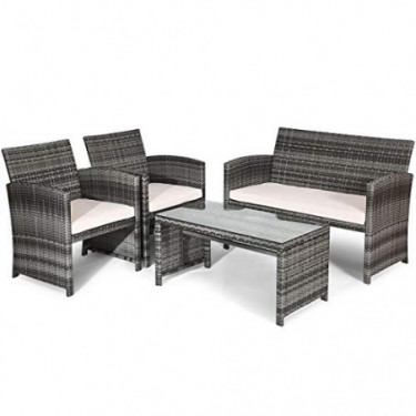 Goplus Patio Furniture 4 Pieces Rattan Conversation Sofa Set with Cushions and Table for Garden Yard Balcony Classic Gray 