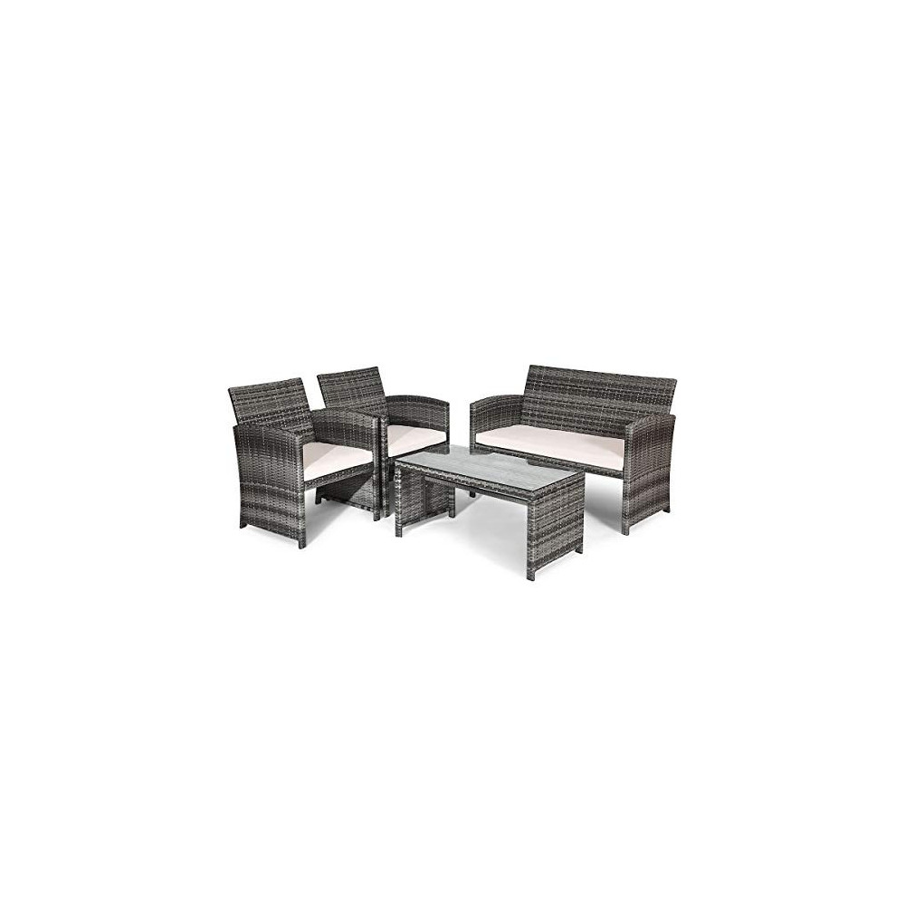 Goplus Patio Furniture 4 Pieces Rattan Conversation Sofa Set with Cushions and Table for Garden Yard Balcony Classic Gray 