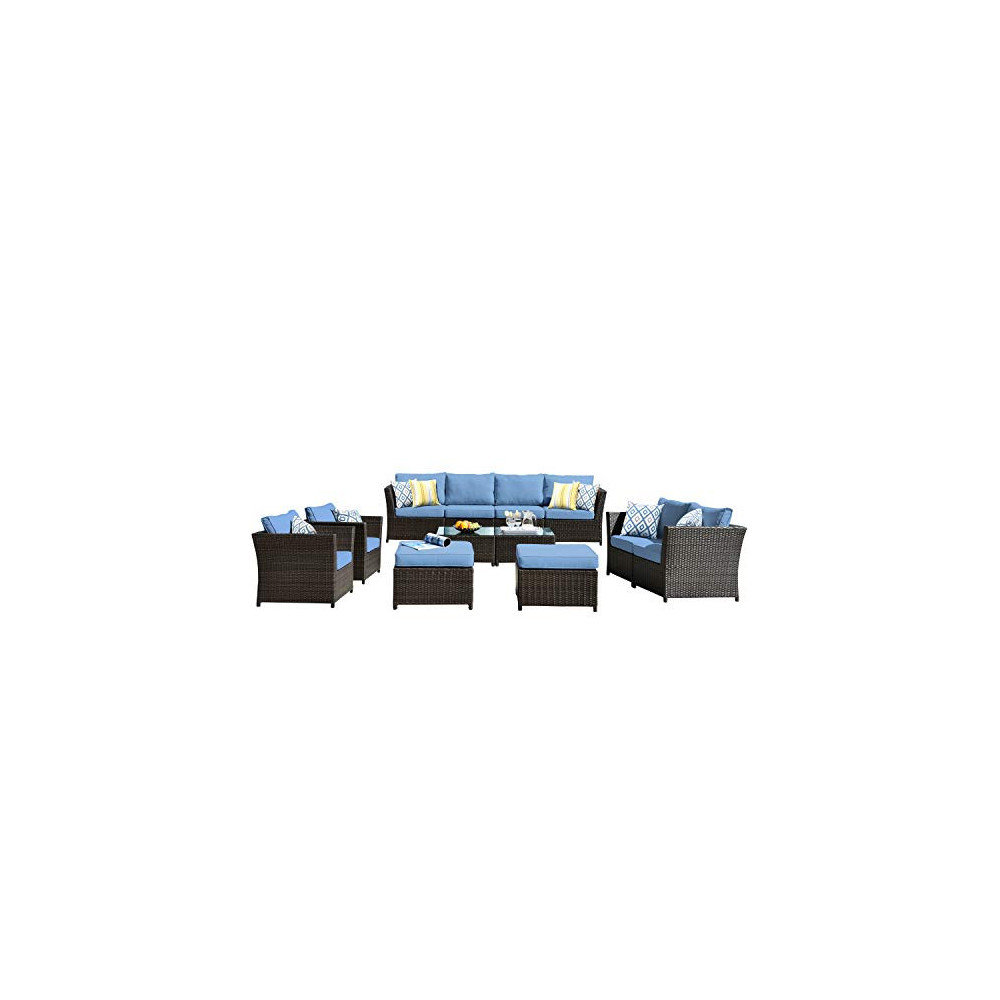 ovios Patio Furniture Set, Backyard Sofa Outdoor Furniture,PE Rattan Wicker sectional with Pillows and Coffee Table, No Assem
