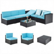 PAMAPIC 7 Pieces Patio Furniture,Outdoor Rattan Sectional Sofa Conversation Set with Tea Table and Washable Cushions, Blue