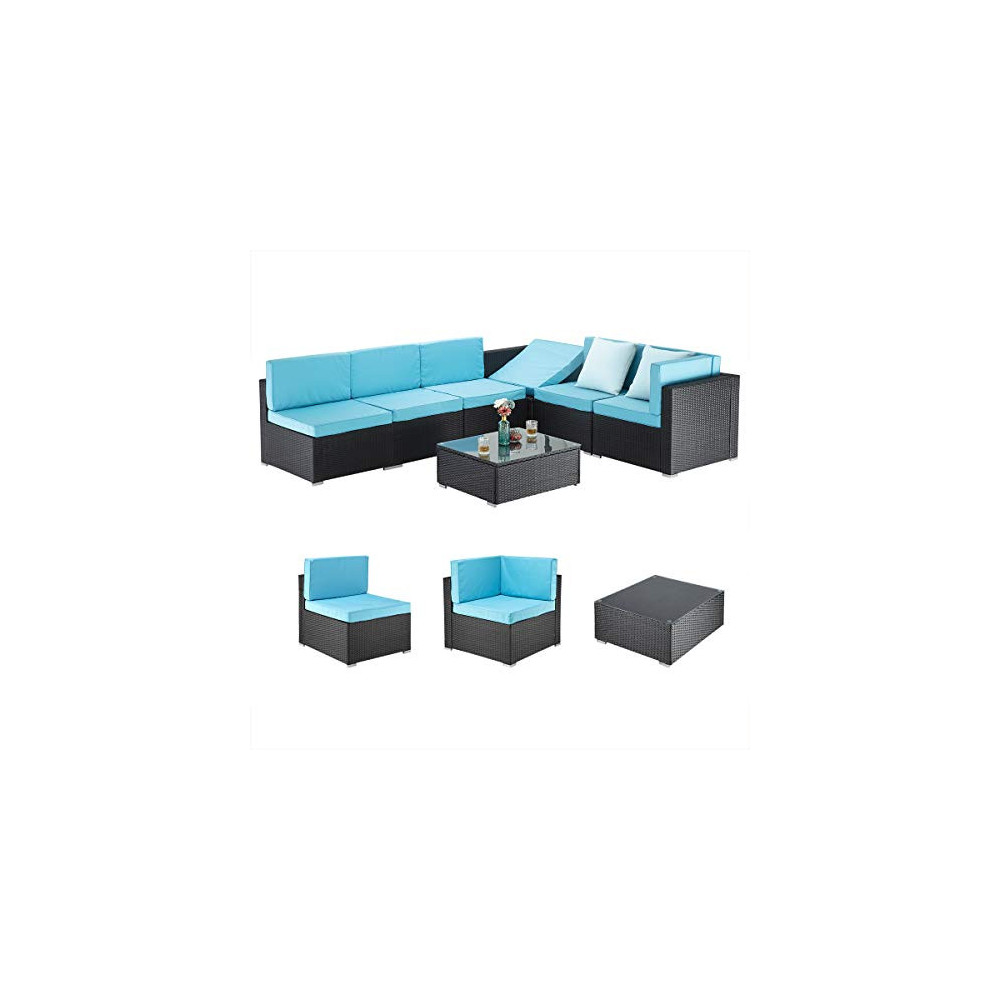 PAMAPIC 7 Pieces Patio Furniture,Outdoor Rattan Sectional Sofa Conversation Set with Tea Table and Washable Cushions, Blue