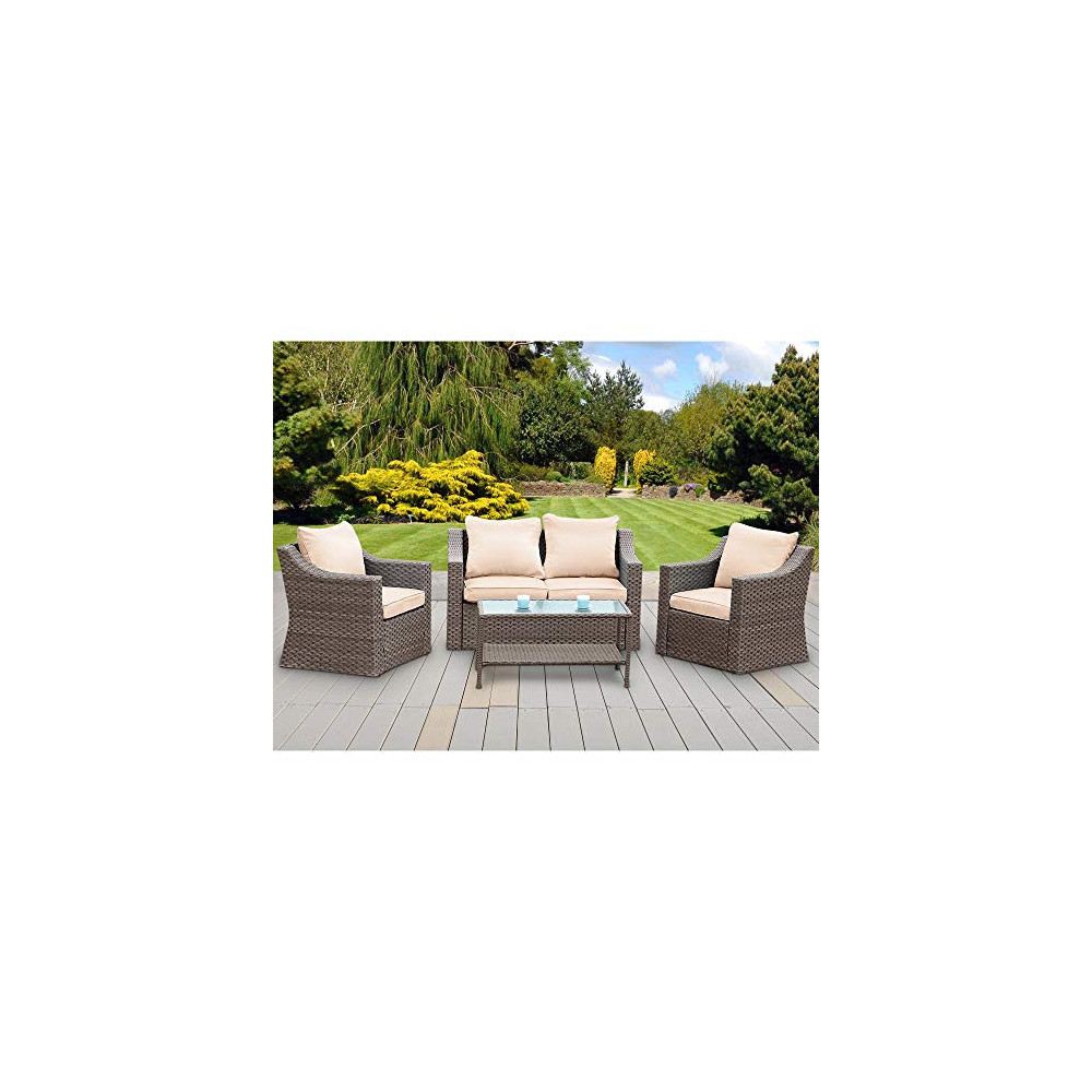 Stamo 5 Piece Outdoor Patio Furniture Sofa Sets, All Weather PE Rattan Wicker Cushioned Sectional Sofa Chairs with Glass Tabl