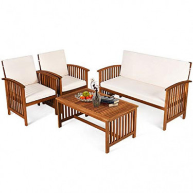 Tangkula Outdoor 4 Pcs Acacia Wood Sofa Set w/Water Resistant Cushions, Padded Patio Seating Chat Set w/Coffee Table for Gard