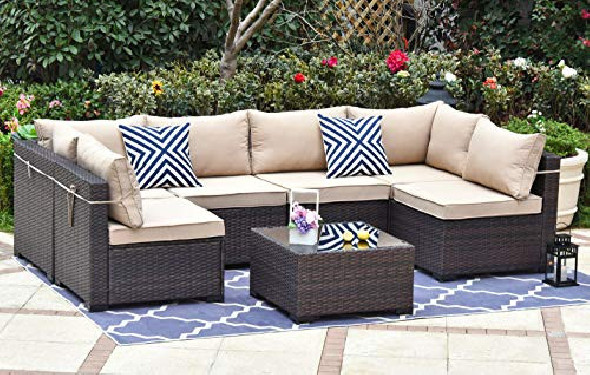 Gotland Outdoor Patio Furniture Set 7 Pieces Sectional Rattan Sofa Set Manual Wicker Patio Conversation Set with A Tempered C