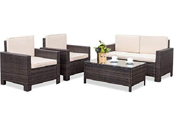 Outdoor Patio Furniture Set, 4pcs Rattan Wicker Sofa Garden Conversation Set Cushioned with Coffee Table For Yard
