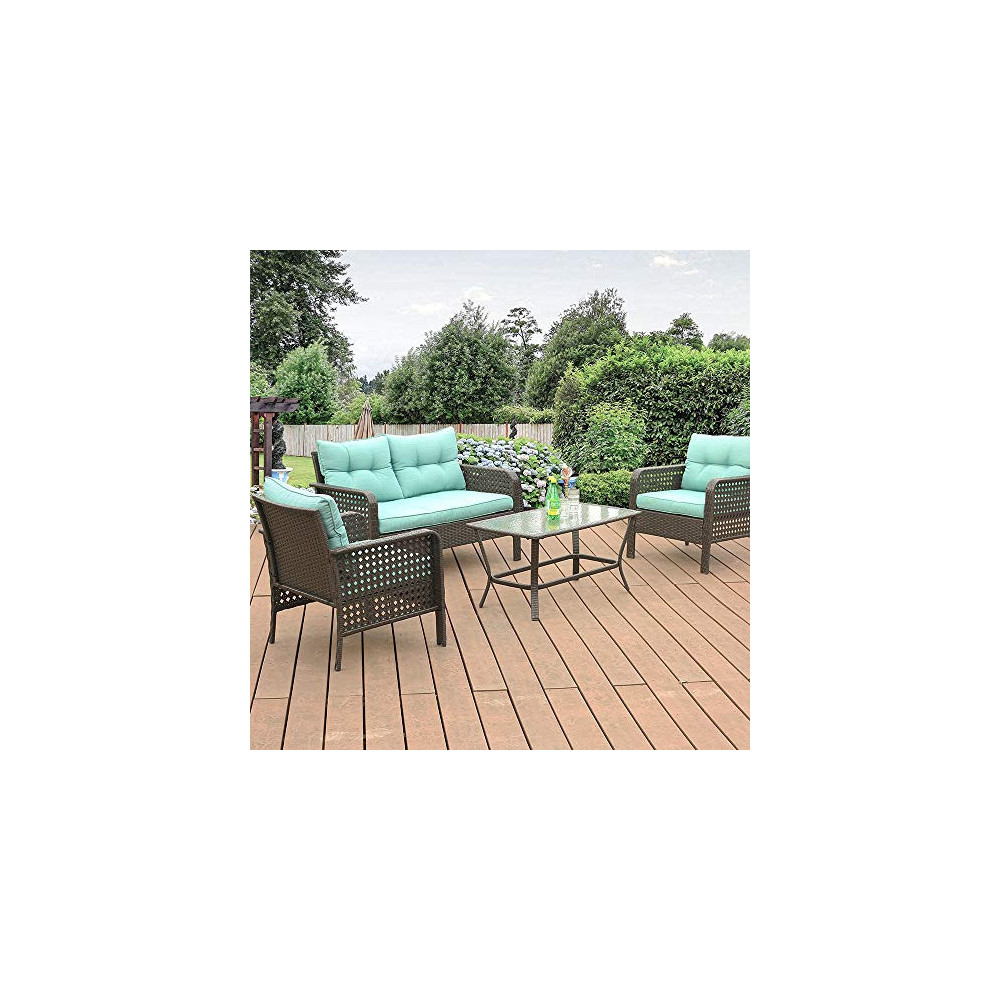 Okeysen Patio Outdoor Furniture Sets, 4 Pcs with Loveseat, All-Weather Checkered Wicker Rattan Conversation Sofa Set, Glass C
