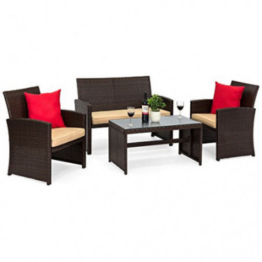 Best Choice Products 4-Piece Wicker Patio Furniture Set w/Table, Tempered Glass, 3 Sofas, Cushioned Seats - Brown