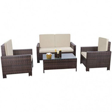 Flamaker 4 Pieces Patio Furniture Set Outdoor Furniture Set Rattan Conversation Sofa Set with Coffee Table for Garden Poolsid