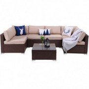 7 PCs Outdoor Patio PE Rattan Wicker Sofa Sectional Furniture Set, All Weather Washable Cushions, Garden Lawn Pool Backyard S