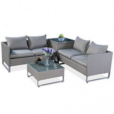 TANGKULA Patio Furniture Set 4 Piece, Outdoor Wicker Rattan Sectional Sofa Set with Storage and Coffee Table, Suitable for La