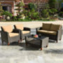 Tangkula 4-Piece Patio Rattan Furniture Set, Outdoor Wicker Conversation Set w/Seat & Back Cushion, Sofa Set w/Tempered Glass