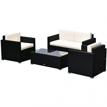 Outsunny 4-Piece Cushioned Patio Furniture Set, with 2 Chairs, Sectional, and Glass Coffee Table, Rattan Wicker, Black