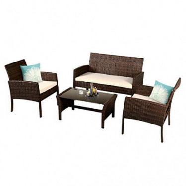 Goplus Rattan Sofa Furniture Set Outdoor Garden Patio 4-Piece Cushioned Seat Wicker  Coffee 