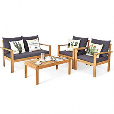Tangkula Outdoor 4-Piece Acacia Wood Chat Set, 4 Seater Acacia Wood Conversation Sofa and Table Set with Water Resistant Cush