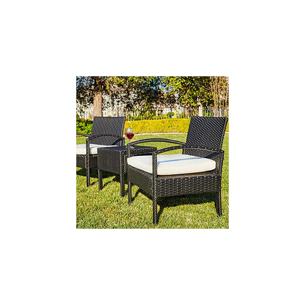 M&W 3 Pieces Patio Sofa Set, PE Wicker Rattan Outdoor Sectional Furniture, 2 Cushioned Chairs and 1 Coffee Table for Lawn Gar