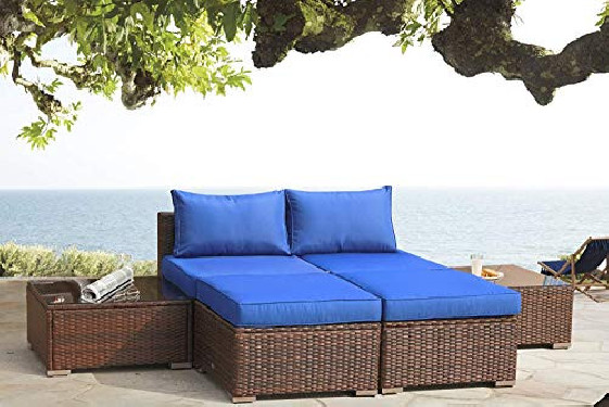 Patio Sofa 6-Piece PE Rattan Couch Outdoor Garden Furniture with Brown PE Wicker Royal Blue Cushion