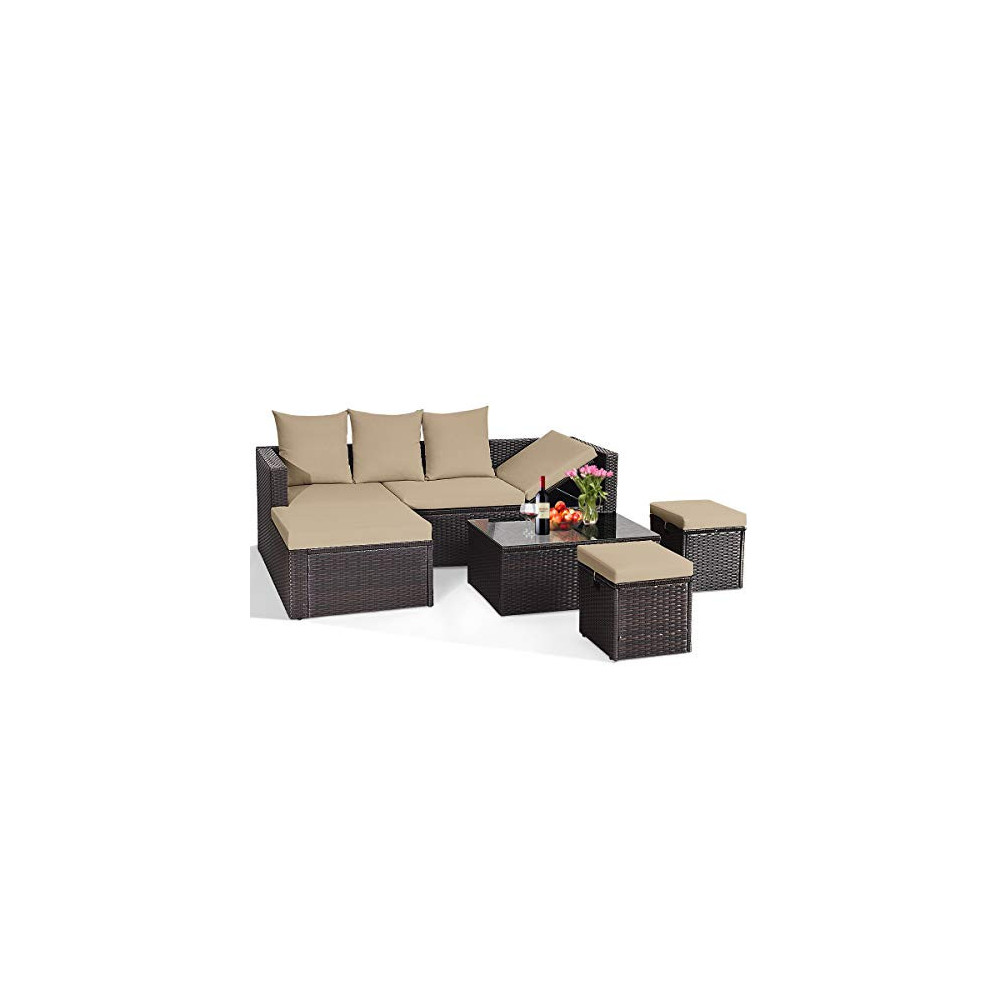 Tangkula 5-Piece Wicker Patio Conversation Furniture Set, Outdoor Rattan Sofas w/Ottomans and Coffee Table, Sectional Sofa Se