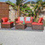 OC Orange-Casual Patio Rattan Sofa Set Couch Wicker Patio Furniture Set Garden Conversation Set, Brown & Orange Cushion  5pcs