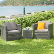 Tangkula 3 PCS Patio Wicker Bistro Set, Outdoor Rattan Sofa Set, Conversation Furniture w/Washable Cushion, Tempered Glass To