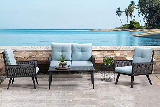 Glitzhome Patio Furniture Sets 4 Pieces Conversation Set Outdoor Sofa Chair Set with Glass Coffee Table  Style 1 