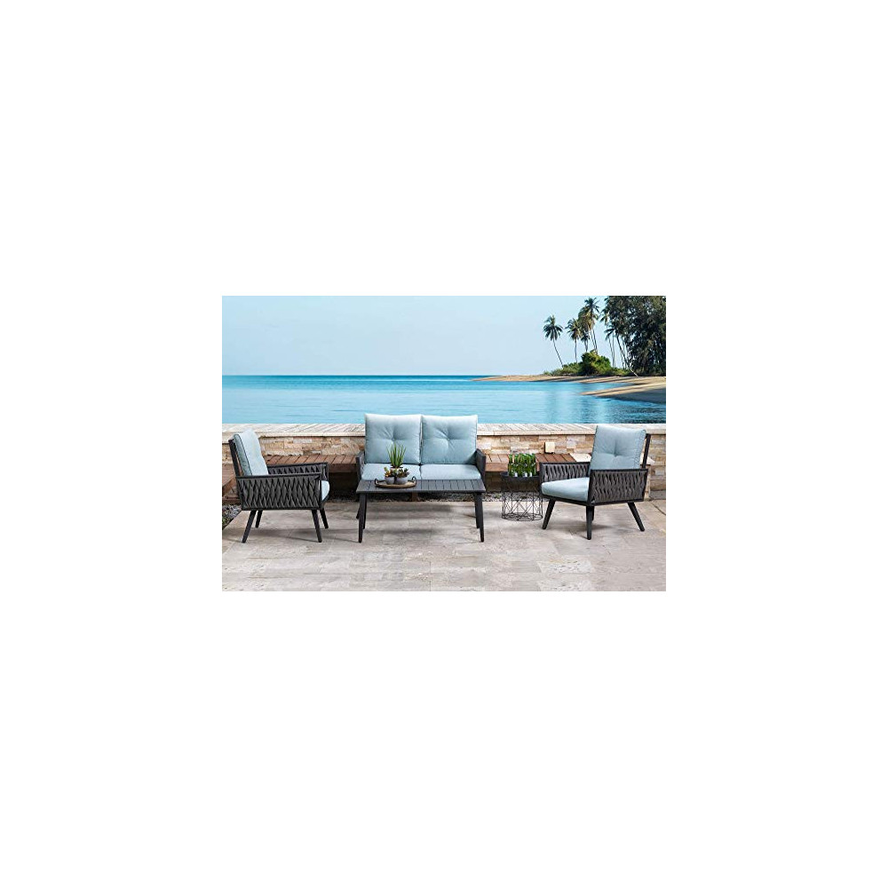 Glitzhome Patio Furniture Sets 4 Pieces Conversation Set Outdoor Sofa Chair Set with Glass Coffee Table  Style 1 