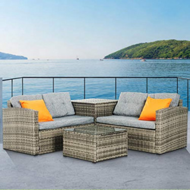 Mecor 4PC Patio Furniture Set, Wicker Outdoor Furniture Sectional Cushioned Sofa Set with Storage Box Glass Coffee Table and 