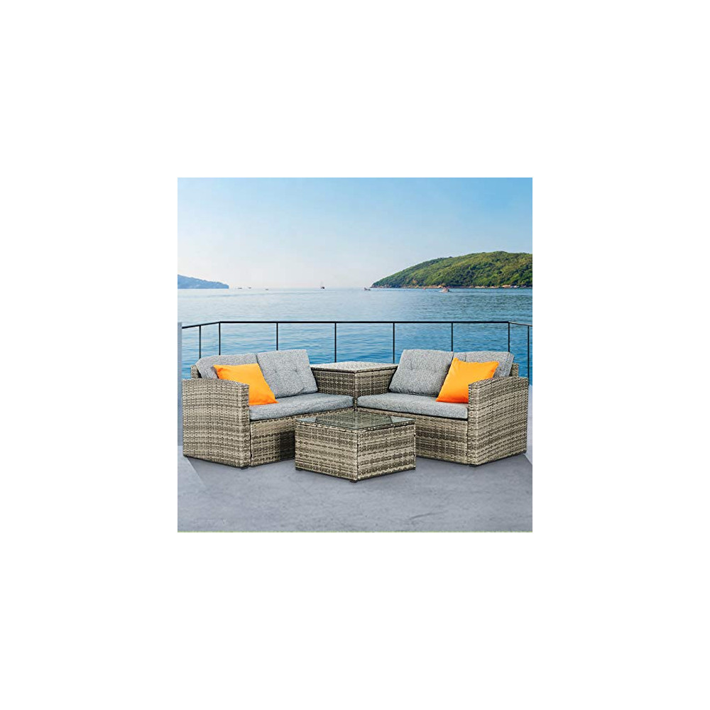 Mecor 4PC Patio Furniture Set, Wicker Outdoor Furniture Sectional Cushioned Sofa Set with Storage Box Glass Coffee Table and 