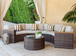 SOLAURA Outdoor 5-Piece Sectional Furniture Patio Half-Moon Set Brown Wicker Sofa Beige Cushions & Sophisticated Glass Coffee