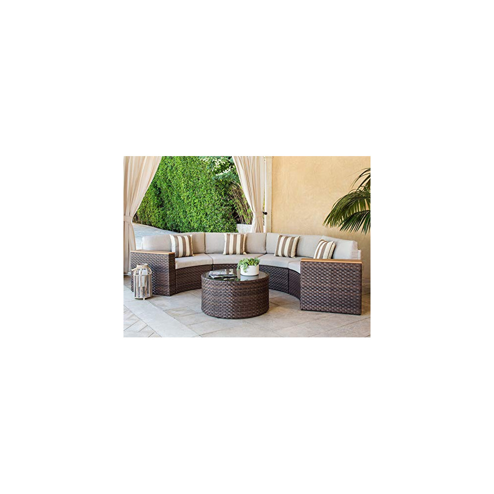 SOLAURA Outdoor 5-Piece Sectional Furniture Patio Half-Moon Set Brown Wicker Sofa Beige Cushions & Sophisticated Glass Coffee