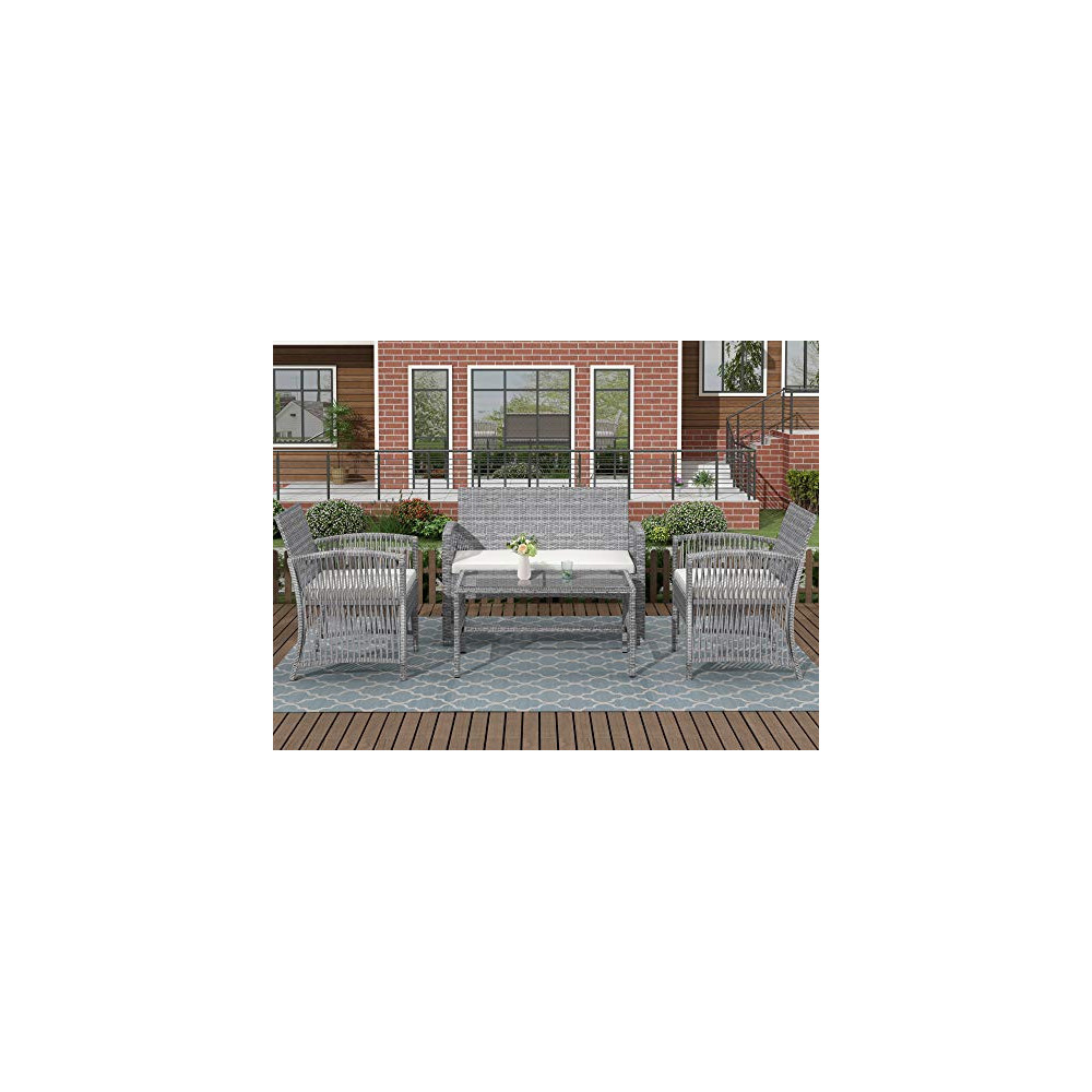 Merax Patio Conversation Set Outdoor Garden Lawn Pool Rattan Sofa Wicker Furniture Set Coffee Table Bistro Sets with Weather 