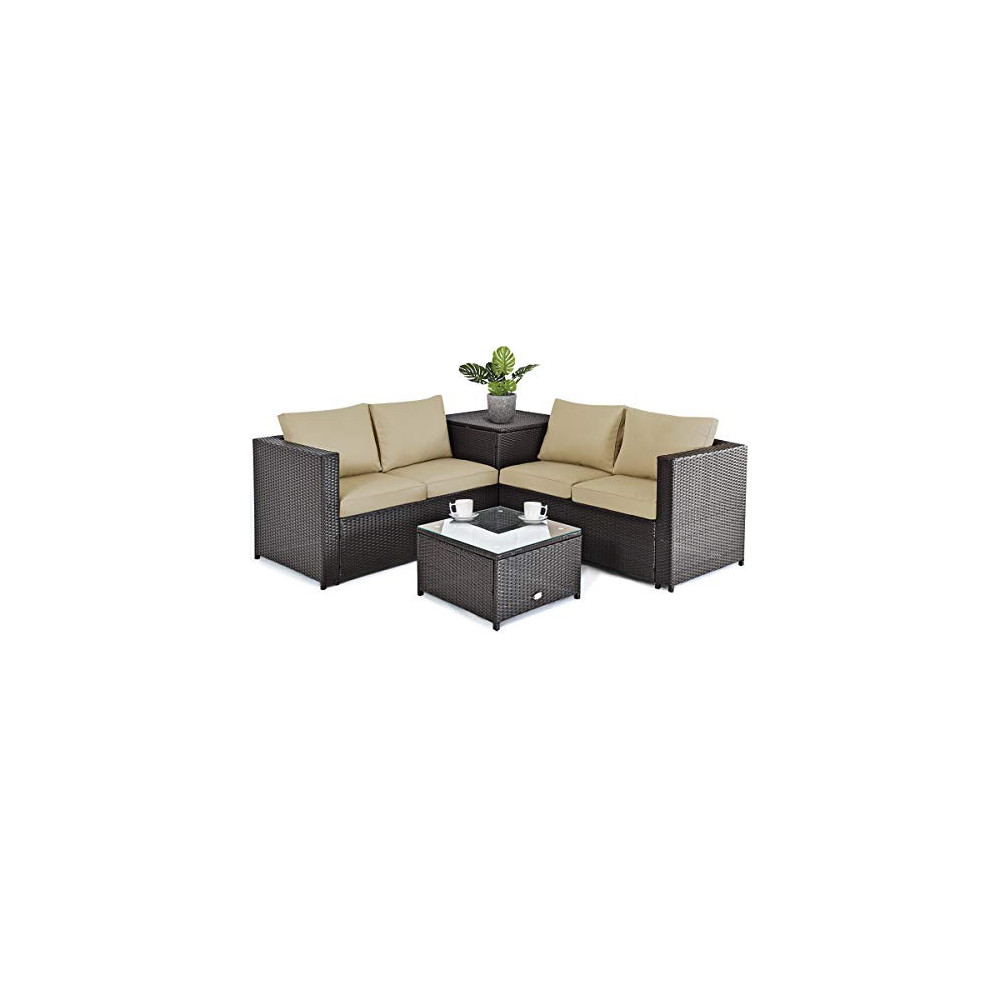 Tangkula 4 pcs Rattan Patio Furniture Set, w/Tempered Glass Coffee Table, Outdoor Furniture Sofa Set, w/Cushions and Storage 
