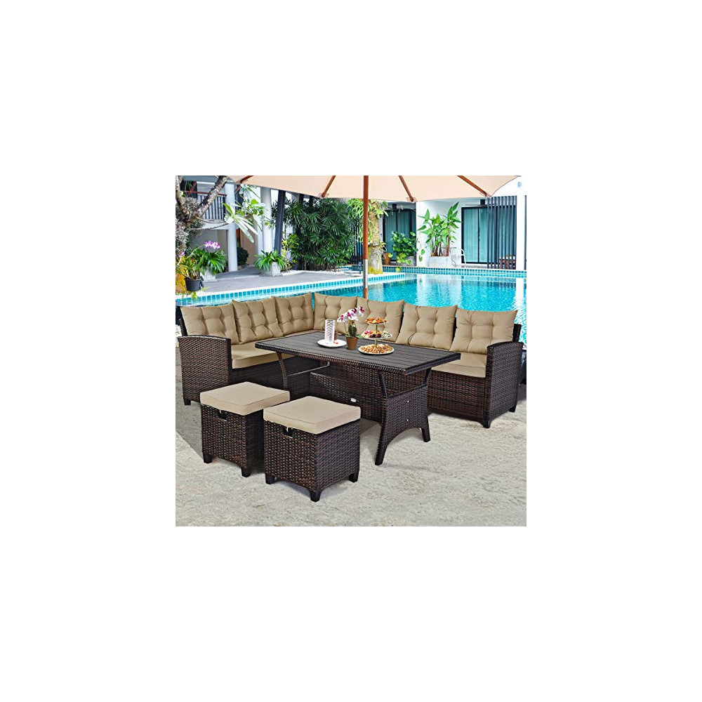 Tangkula 5 PCS Patio Furniture Set, Outdoor Conversation Set with 6 Cushioned Seat 2 Ottomans & Coffee Table, All Weather Wic
