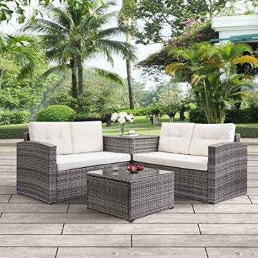 4pcs Patio Conversation Set Rattan Garden Outdoor Furniture Sofa Set with Storage Box and Cushions  Beige Cushions 