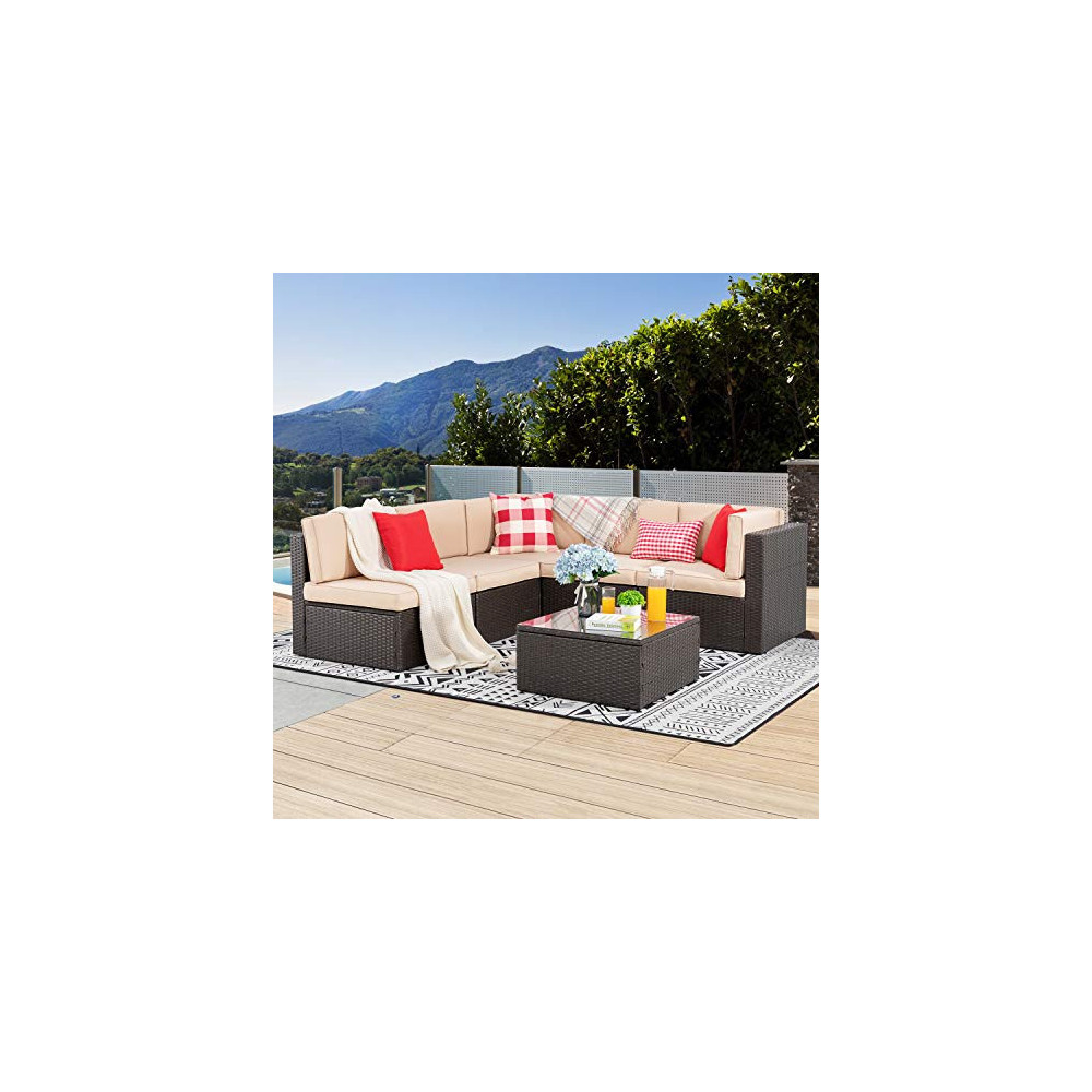 Vongrasig 6 PCS Patio Furniture Set, Small Outdoor Wicker Sectional Sofa Couch All Weather PE Rattan Patio Sofa Garden Backya