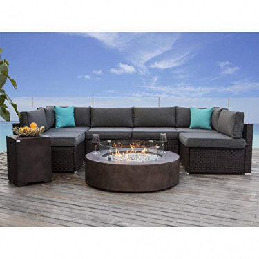 COSIEST 8 Piece Propane Firepit Table Wicker Sectional Sofa,Chocolate Brown Patio Set w 42-inch Round Bronze Fire Table  50,0