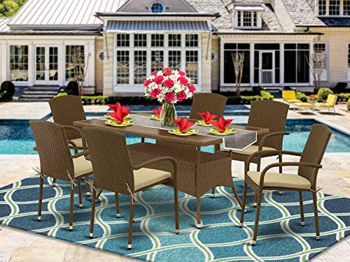 East West Furniture OSJU702A 7Pc Outdoor Brown Wicker Dining Set Includes a Patio Table and 6 Balcony Backyard Armchair with 