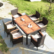 Tangkula 7 PCS Outdoor Patio Dining Set, Garden Dining Set w/Acacia Wood Table Top, Stackable Chairs with Soft Cushion, Poly 