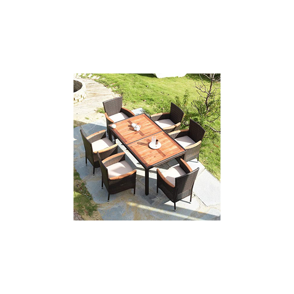 Tangkula 7 PCS Outdoor Patio Dining Set, Garden Dining Set w/Acacia Wood Table Top, Stackable Chairs with Soft Cushion, Poly 