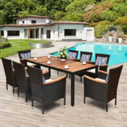 Tangkula 9 Piece Outdoor Dining Set, Garden Patio Wicker Set w/Cushions, Patio Wicker Furniture Set with Acacia Wood Table an