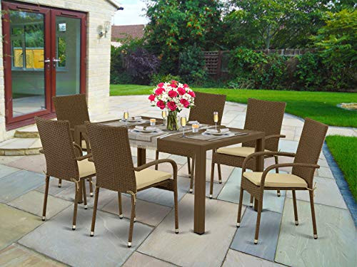 East West Furniture JUGU702A 7Pc Outdoor Brown Wicker Dining Set Includes a Patio Table and 6 Balcony Backyard Armchair with 