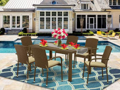 East West Furniture JUJU702A 7Pc Outdoor Brown Wicker Dining Set Includes a Patio Table and 6 Balcony Backyard Armchair with 