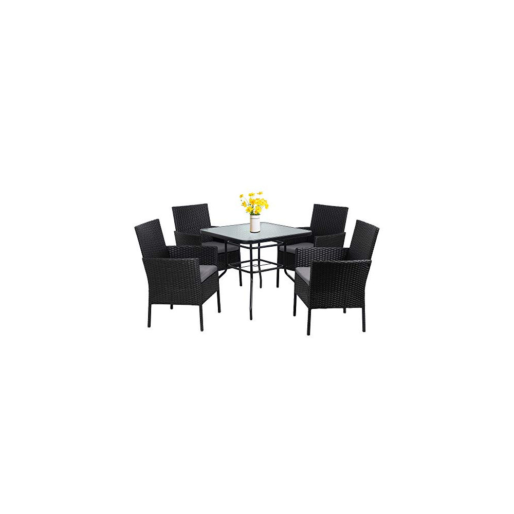 Walsunny 5-Piece Indoor Outdoor Wicker Dining Set Furniture,Square Tempered Glass Top Table with Umbrella Hole,4 Chairs-Black