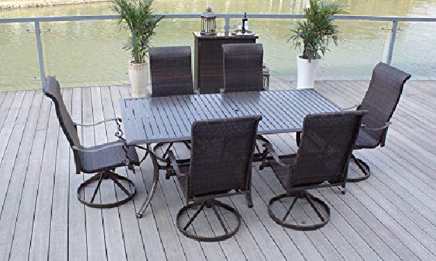 Pebble Lane Living 7-Piece Patio Dining Set, All Weather & Rust Proof Powder Coated Aluminum, 6 Swivel Rocking Wicker Dining 