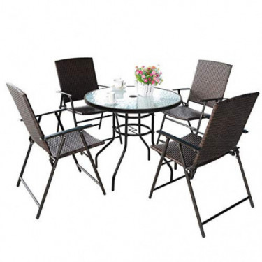 S AFSTAR 5 Pieces Patio Dining Set, 4 Folding Chairs with Table, Portable Wicker Chairs Furniture Set for Outdoor Garden Back